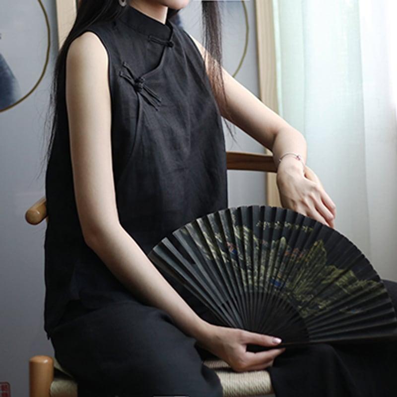 【禾物シリーズ】★チャイナ風トップス★ チャイナ服 改良唐装 ノースリーブ コットンリネン ブラック 黒い - ChinChic