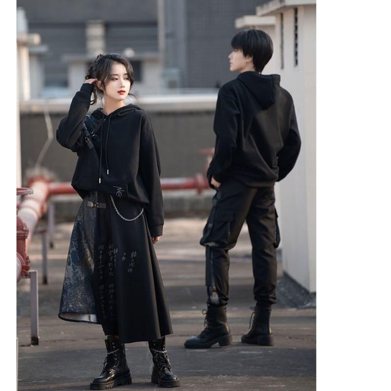 【卿棠シリーズ】★チャイナ風スカート★ ボトムス 男女兼用 メンズ 切り替え 文字柄 ブラック 黒 スリット - ChinChic