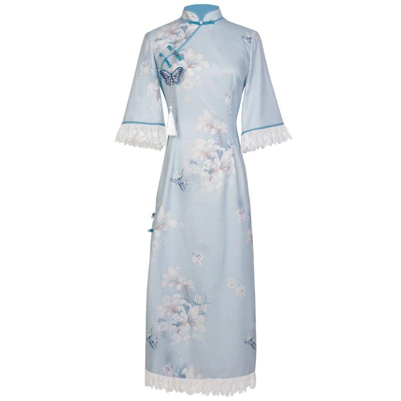 【塵煙雲夢--- 雲蘭玉錦シリーズ】★チャイナ風ワンピース★ チャイナドレス 中華服 半袖 ロング丈 蝶々飾り物付き - ChinChic