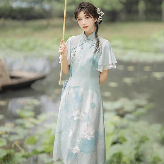 【楓竹---青荷シリーズ】★チャイナ風ワンピース★ 漢服ワンピース 中華服 可愛い プリント 気質アップ - ChinChic