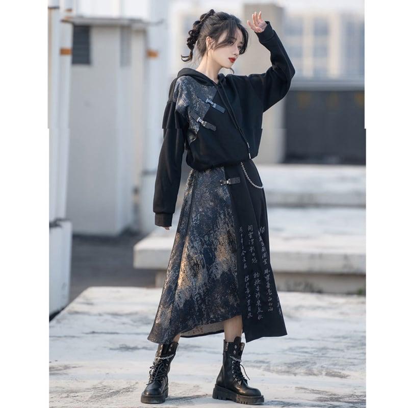 【卿棠シリーズ】★チャイナ風スカート★ ボトムス 男女兼用 メンズ 切り替え 文字柄 ブラック 黒 スリット - ChinChic