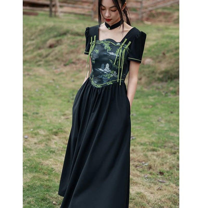 【大青龍肆シリーズ】★チャイナ風ワンピース★ 中華服 オリジナル 半袖 切り替え ロング丈 ブラック 黒 - ChinChic