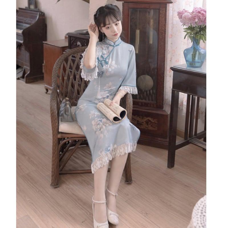 【塵煙雲夢--- 雲蘭玉錦シリーズ】★チャイナ風ワンピース★ チャイナドレス 中華服 半袖 ロング丈 蝶々飾り物付き - ChinChic