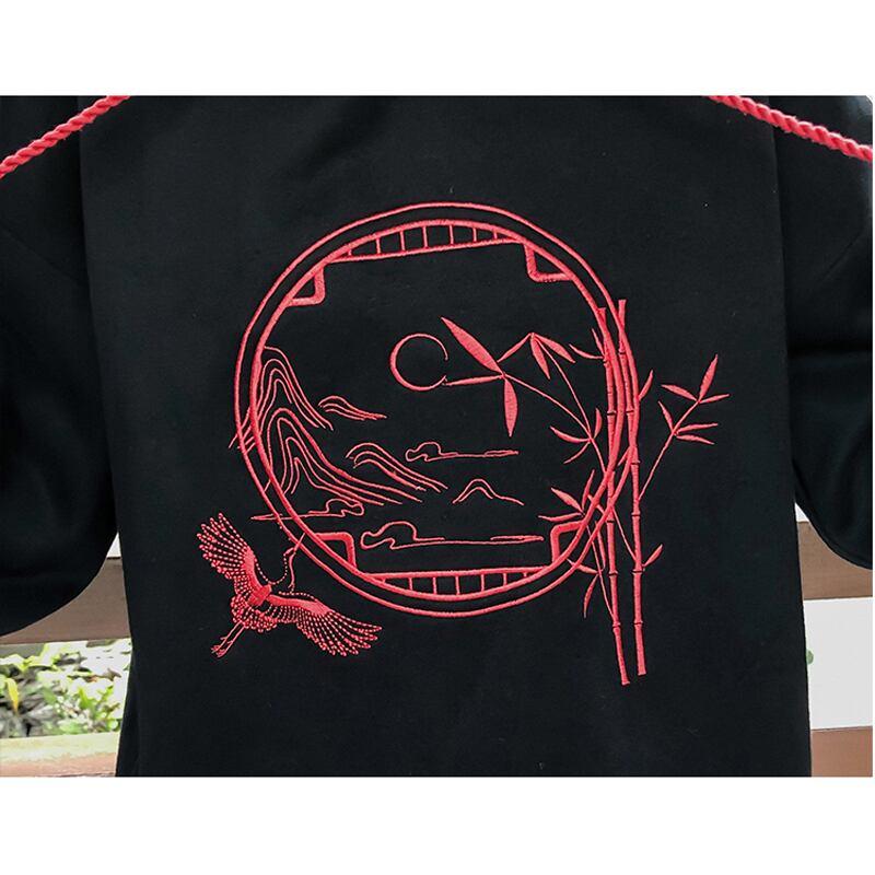 【茶丸少女シリーズ】★チャイナ風トップス★ パーカー 裏起毛 刺繍 鶴 竹 可愛い 暖かい 厚て 黒 レッド - ChinChic