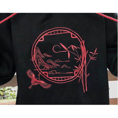 【茶丸少女シリーズ】★チャイナ風トップス★ パーカー 裏起毛 刺繍 鶴 竹 可愛い 暖かい 厚て 黒 レッド - ChinChic