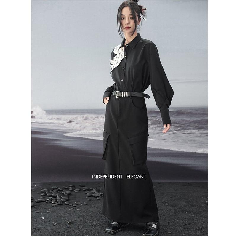 【大青龍肆シリーズ】★チャイナ風シャツ★ トップス 長袖シャツ 切り替え 中華服 文字柄 オリジナル ブラック 黒い - ChinChic