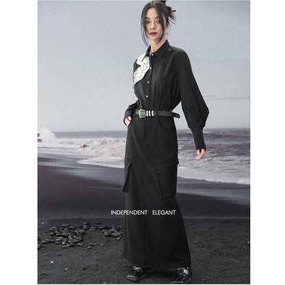 【大青龍肆シリーズ】★チャイナ風シャツ★ トップス 長袖シャツ 切り替え 中華服 文字柄 オリジナル ブラック 黒い - ChinChic