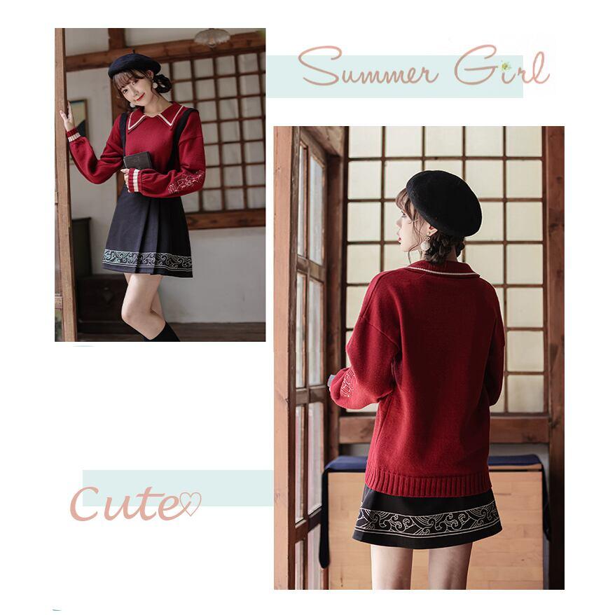 【国潮閣シリーズ】★チャイナ風スカート★ セーター ニット シャツ 刺繍 花 可愛い 暖かい 厚て 赤 - ChinChic