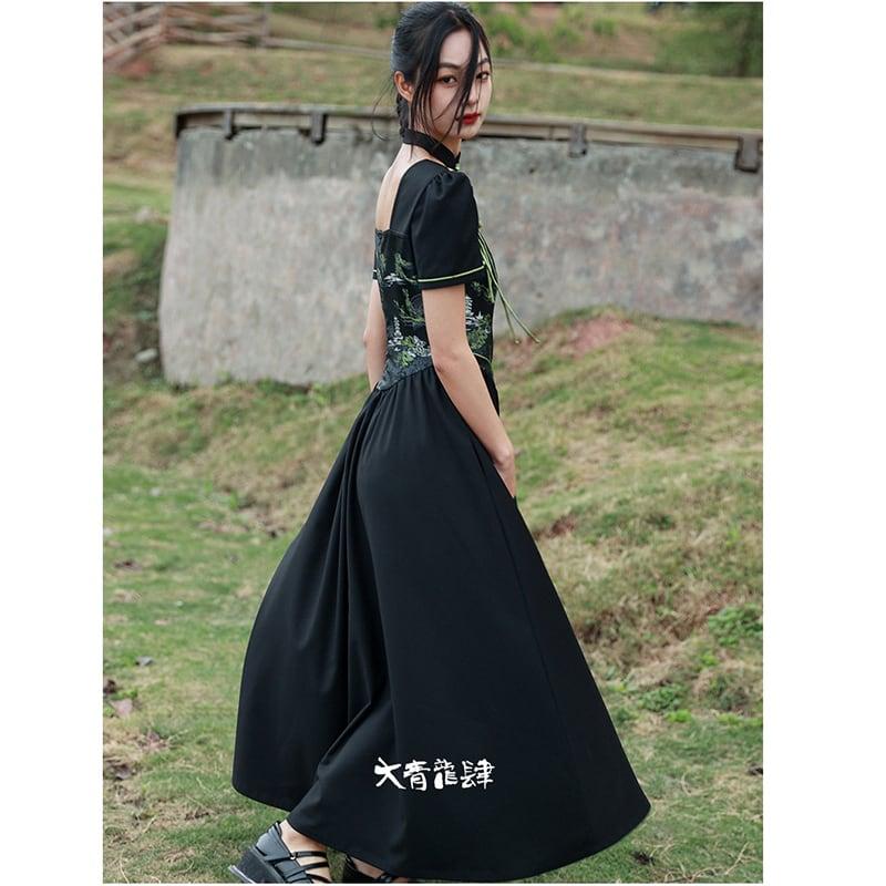 【大青龍肆シリーズ】★チャイナ風ワンピース★ 中華服 オリジナル 半袖 切り替え ロング丈 ブラック 黒 - ChinChic