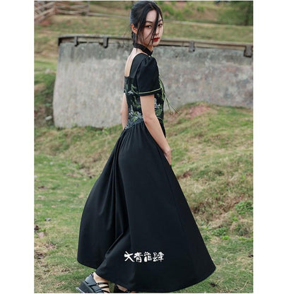 【大青龍肆シリーズ】★チャイナ風ワンピース★ 中華服 オリジナル 半袖 切り替え ロング丈 ブラック 黒 - ChinChic