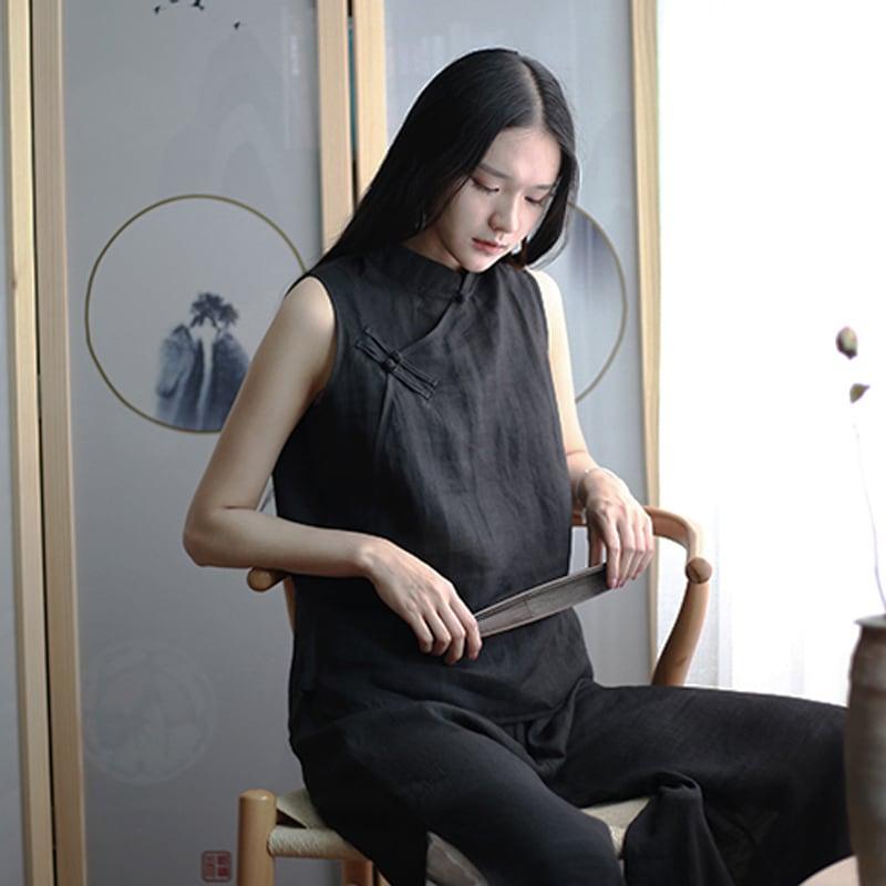 【禾物シリーズ】★チャイナ風トップス★ チャイナ服 改良唐装 ノースリーブ コットンリネン ブラック 黒い - ChinChic