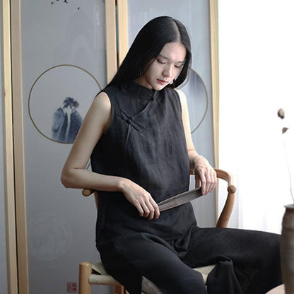 【禾物シリーズ】★チャイナ風トップス★ チャイナ服 改良唐装 ノースリーブ コットンリネン ブラック 黒い - ChinChic
