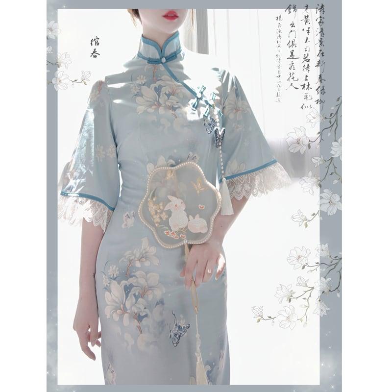 【塵煙雲夢--- 雲蘭玉錦シリーズ】★チャイナ風ワンピース★ チャイナドレス 中華服 半袖 ロング丈 蝶々飾り物付き - ChinChic