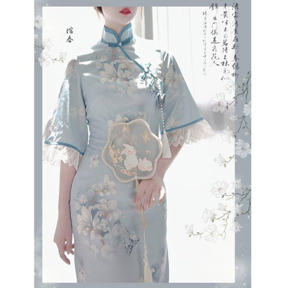 【塵煙雲夢--- 雲蘭玉錦シリーズ】★チャイナ風ワンピース★ チャイナドレス 中華服 半袖 ロング丈 蝶々飾り物付き - ChinChic