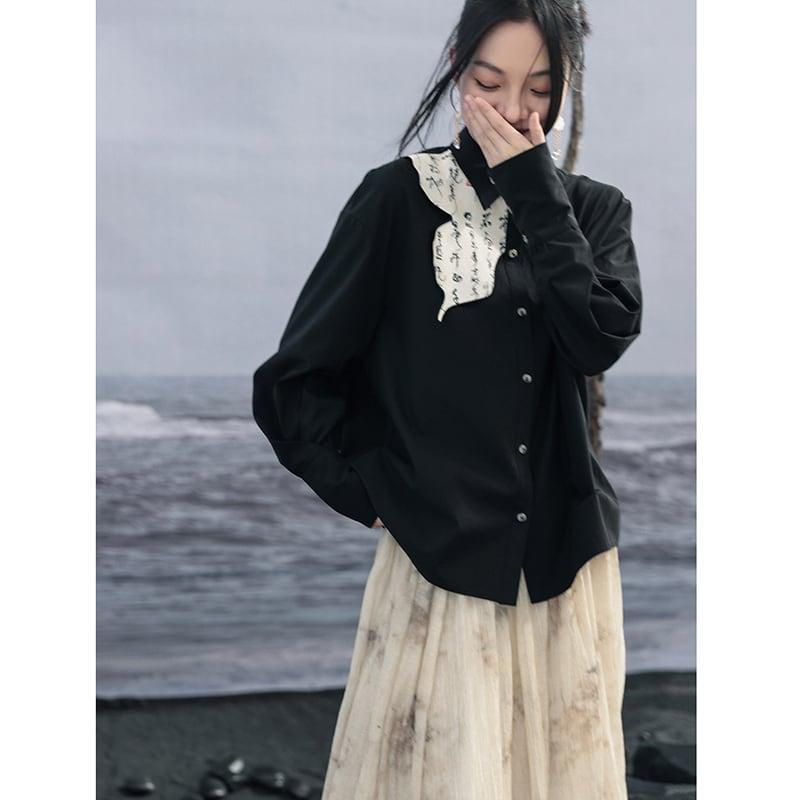 【大青龍肆シリーズ】★チャイナ風シャツ★ トップス 長袖シャツ 切り替え 中華服 文字柄 オリジナル ブラック 黒い - ChinChic