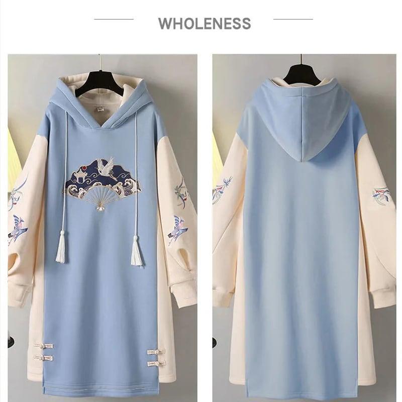 ✿人気商品再入荷✿【篱笆外有只猫シリーズ】★チャイナ風ワンピース★ 鶴 秋冬服 パーカーワンピース 裏起毛 刺繍 大きいサイズ - ChinChic