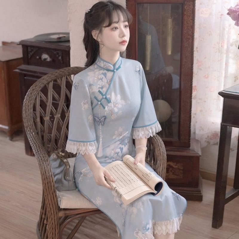 【塵煙雲夢--- 雲蘭玉錦シリーズ】★チャイナ風ワンピース★ チャイナドレス 中華服 半袖 ロング丈 蝶々飾り物付き - ChinChic