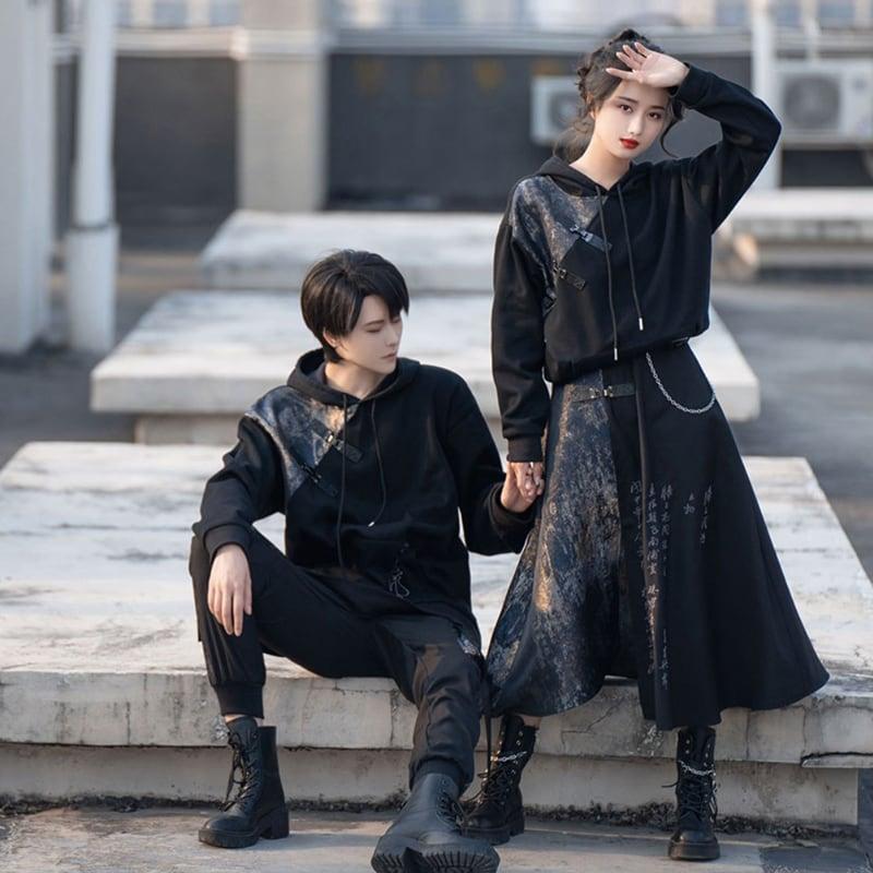 【卿棠シリーズ】★チャイナ風スカート★ ボトムス 男女兼用 メンズ 切り替え 文字柄 ブラック 黒 スリット - ChinChic