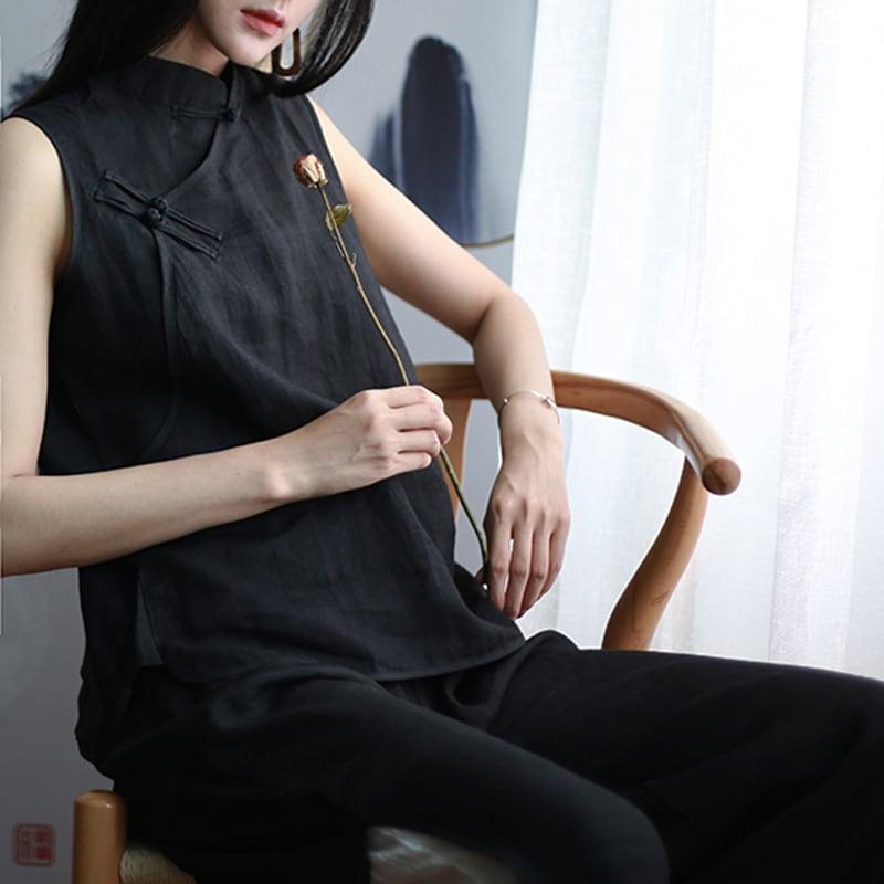 【禾物シリーズ】★チャイナ風トップス★ チャイナ服 改良唐装 ノースリーブ コットンリネン ブラック 黒い - ChinChic