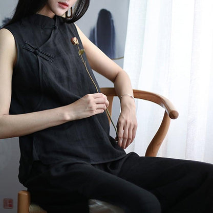 【禾物シリーズ】★チャイナ風トップス★ チャイナ服 改良唐装 ノースリーブ コットンリネン ブラック 黒い - ChinChic
