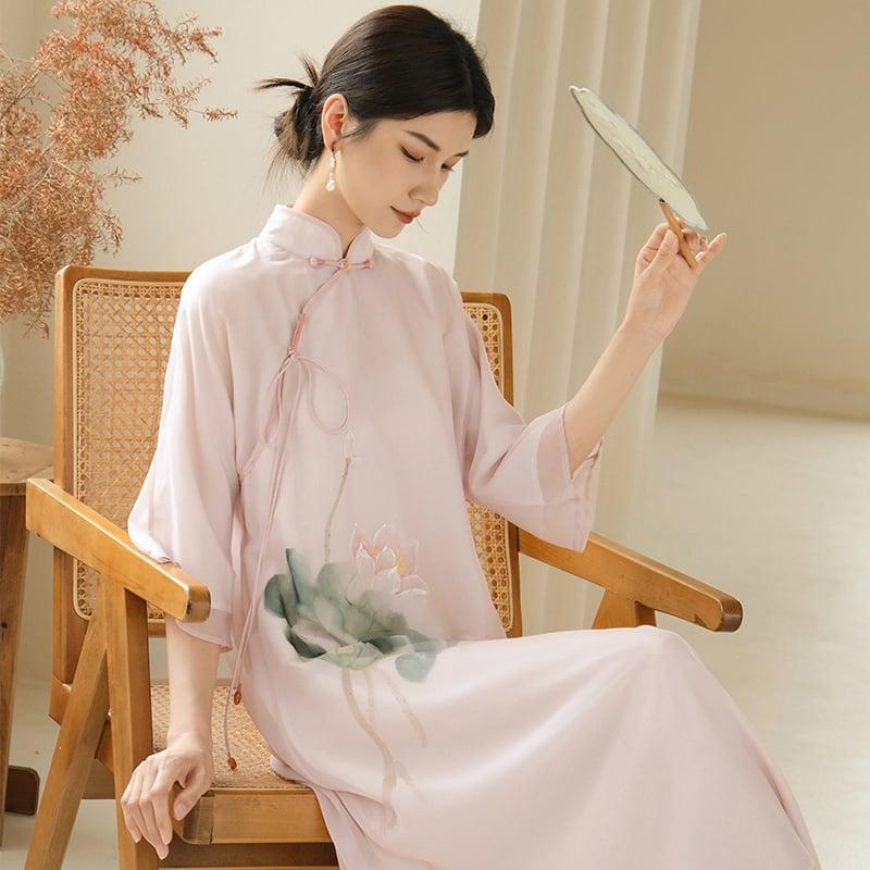 【拾夢シリーズ】★チャイナ風ワンピース★ エレガント 中華服 唐装 レトロ プリント 夏服 蓮 ピンク - ChinChic