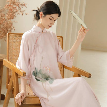 【拾夢シリーズ】★チャイナ風ワンピース★ エレガント 中華服 唐装 レトロ プリント 夏服 蓮 ピンク - ChinChic