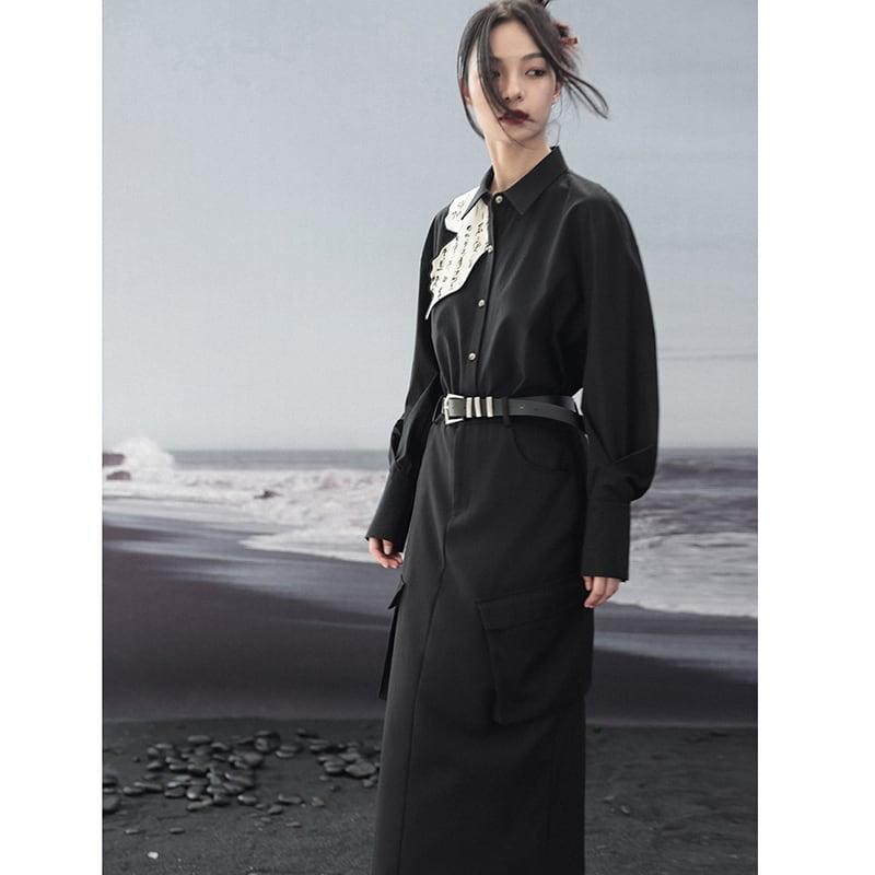 【大青龍肆シリーズ】★チャイナ風シャツ★ トップス 長袖シャツ 切り替え 中華服 文字柄 オリジナル ブラック 黒い - ChinChic