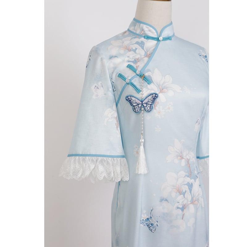 【塵煙雲夢--- 雲蘭玉錦シリーズ】★チャイナ風ワンピース★ チャイナドレス 中華服 半袖 ロング丈 蝶々飾り物付き - ChinChic