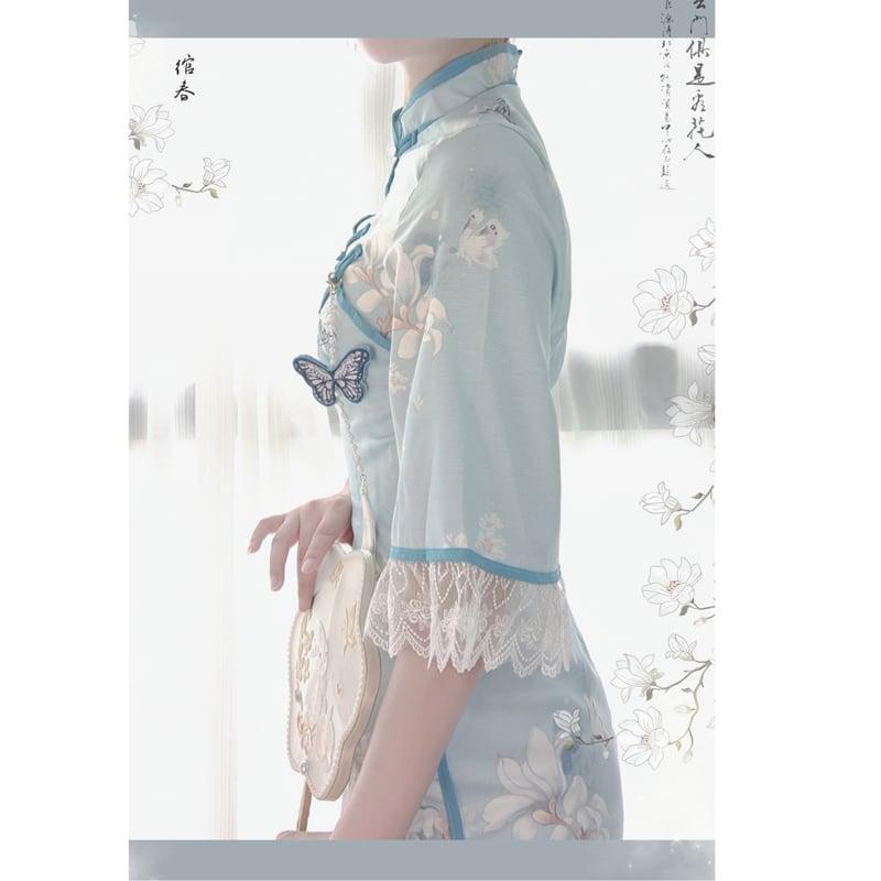 【塵煙雲夢--- 雲蘭玉錦シリーズ】★チャイナ風ワンピース★ チャイナドレス 中華服 半袖 ロング丈 蝶々飾り物付き - ChinChic