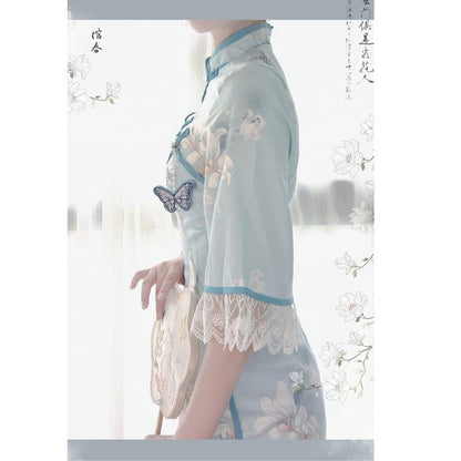 【塵煙雲夢--- 雲蘭玉錦シリーズ】★チャイナ風ワンピース★ チャイナドレス 中華服 半袖 ロング丈 蝶々飾り物付き - ChinChic