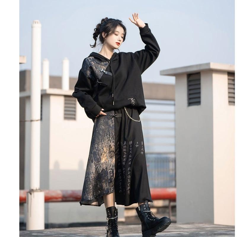 【卿棠シリーズ】★チャイナ風スカート★ ボトムス 男女兼用 メンズ 切り替え 文字柄 ブラック 黒 スリット - ChinChic