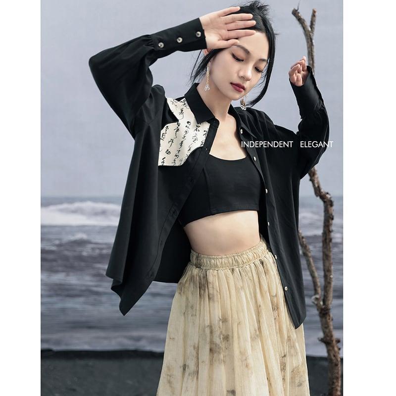 【大青龍肆シリーズ】★チャイナ風シャツ★ トップス 長袖シャツ 切り替え 中華服 文字柄 オリジナル ブラック 黒い - ChinChic