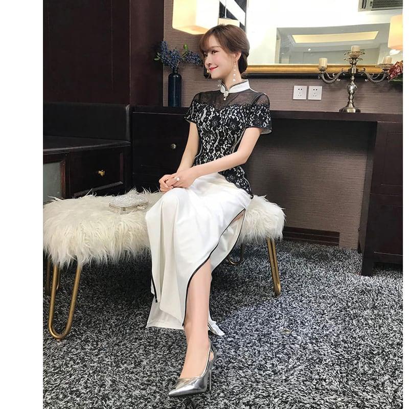 【威絲璐シリーズ】★チャイナドレス★ ワンピース ロングドレス パーティードレス 半袖 切り替え レース 着痩せ - ChinChic