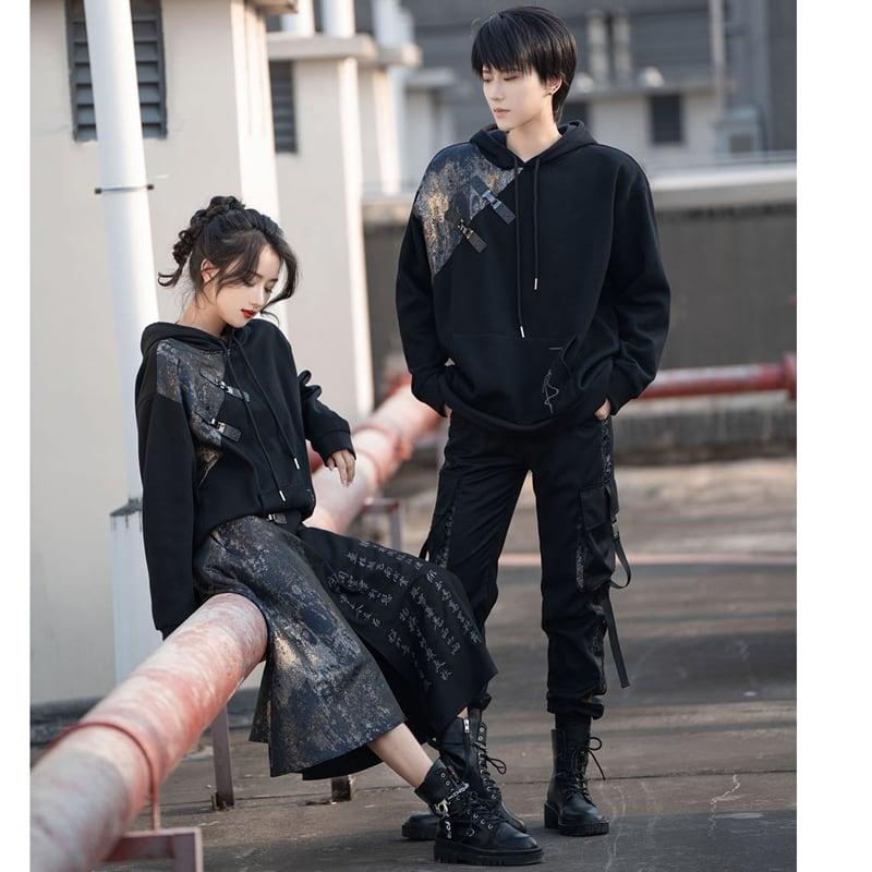 【卿棠シリーズ】★チャイナ風スカート★ ボトムス 男女兼用 メンズ 切り替え 文字柄 ブラック 黒 スリット - ChinChic