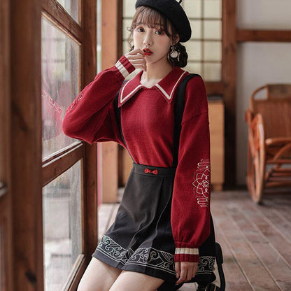 【国潮閣シリーズ】★チャイナ風スカート★ セーター ニット シャツ 刺繍 花 可愛い 暖かい 厚て 赤 - ChinChic
