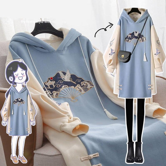 ✿人気商品再入荷✿【篱笆外有只猫シリーズ】★チャイナ風ワンピース★ 鶴 秋冬服 パーカーワンピース 裏起毛 刺繍 大きいサイズ - ChinChic