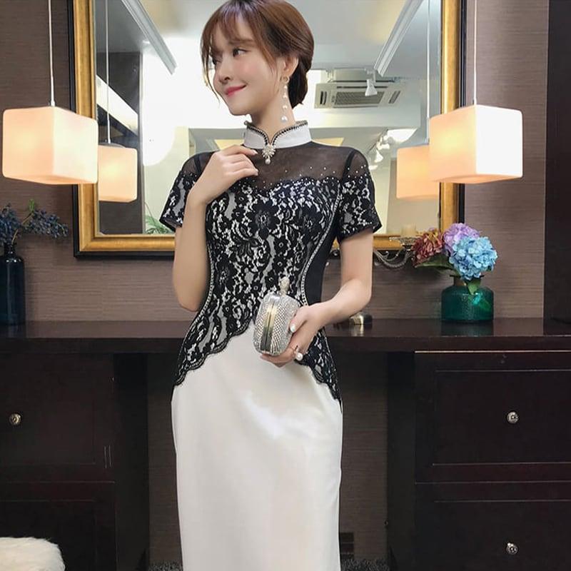 【威絲璐シリーズ】★チャイナドレス★ ワンピース ロングドレス パーティードレス 半袖 切り替え レース 着痩せ - ChinChic