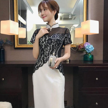 【威絲璐シリーズ】★チャイナドレス★ ワンピース ロングドレス パーティードレス 半袖 切り替え レース 着痩せ - ChinChic