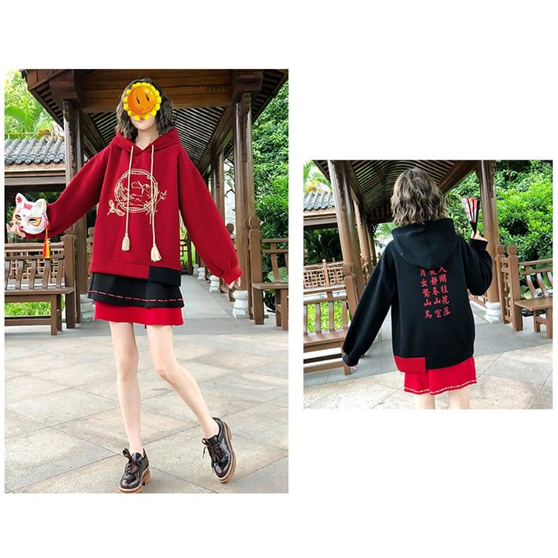 【茶丸少女シリーズ】★チャイナ風トップス★ パーカー 裏起毛 刺繍 鶴 竹 可愛い 暖かい 厚て 黒 レッド - ChinChic