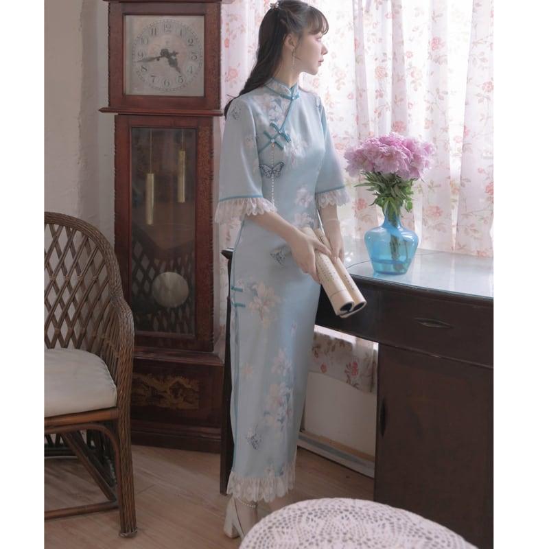 【塵煙雲夢--- 雲蘭玉錦シリーズ】★チャイナ風ワンピース★ チャイナドレス 中華服 半袖 ロング丈 蝶々飾り物付き - ChinChic