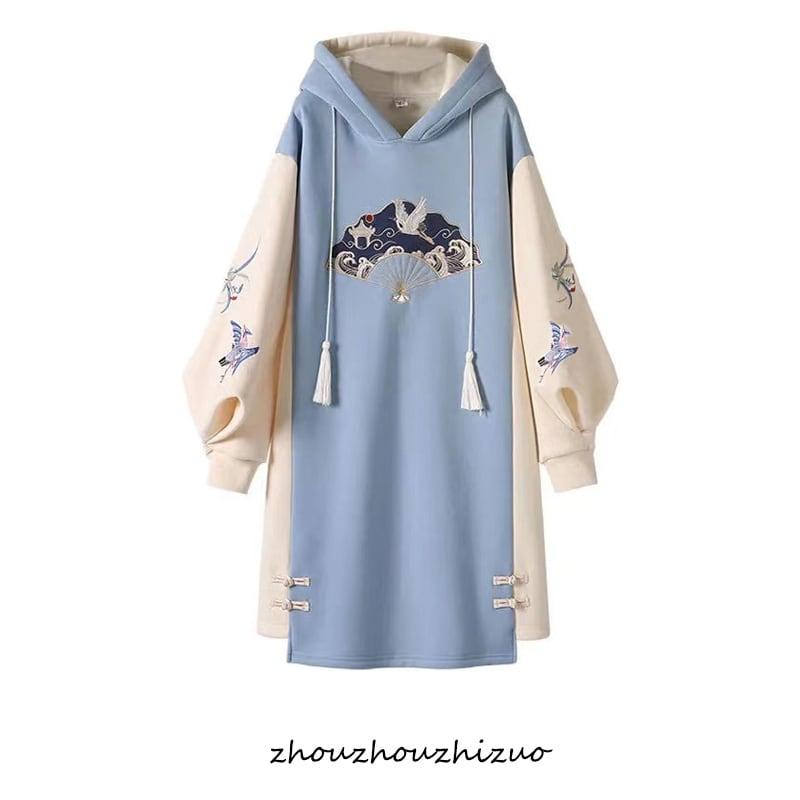 ✿人気商品再入荷✿【篱笆外有只猫シリーズ】★チャイナ風ワンピース★ 鶴 秋冬服 パーカーワンピース 裏起毛 刺繍 大きいサイズ - ChinChic