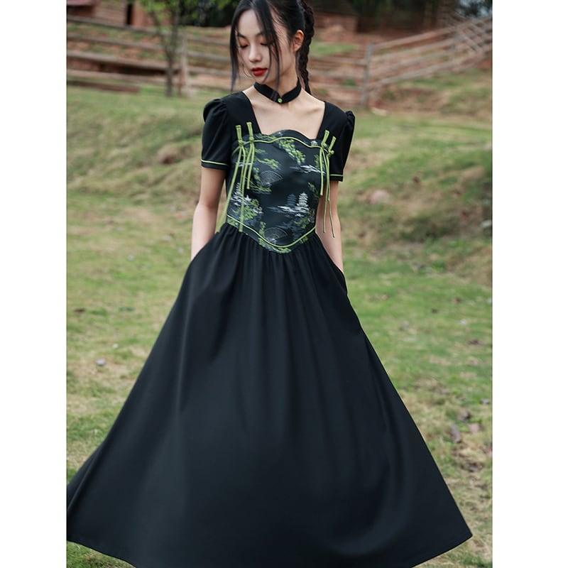 【大青龍肆シリーズ】★チャイナ風ワンピース★ 中華服 オリジナル 半袖 切り替え ロング丈 ブラック 黒 - ChinChic