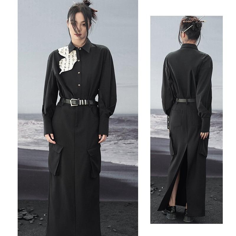 【大青龍肆シリーズ】★チャイナ風シャツ★ トップス 長袖シャツ 切り替え 中華服 文字柄 オリジナル ブラック 黒い - ChinChic