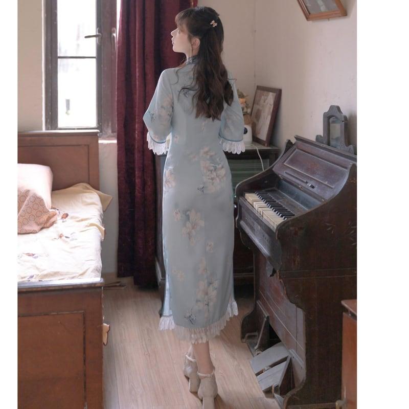 【塵煙雲夢--- 雲蘭玉錦シリーズ】★チャイナ風ワンピース★ チャイナドレス 中華服 半袖 ロング丈 蝶々飾り物付き - ChinChic