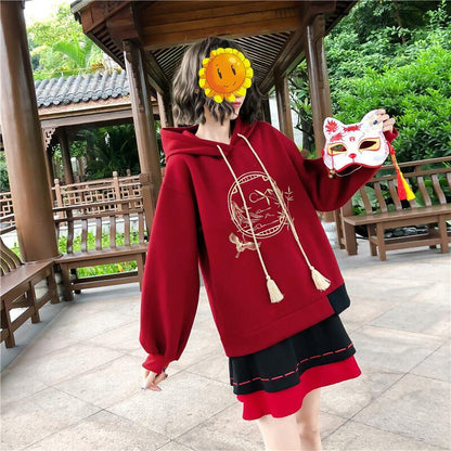 【茶丸少女シリーズ】★チャイナ風トップス★ パーカー 裏起毛 刺繍 鶴 竹 可愛い 暖かい 厚て 黒 レッド - ChinChic