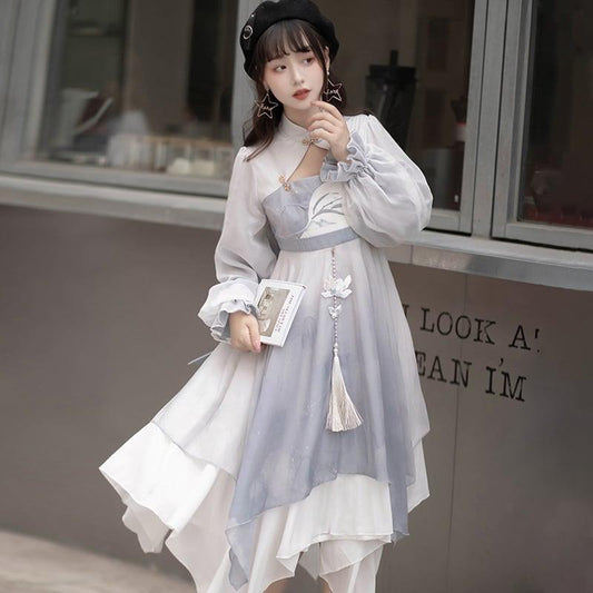 【塵煙雲夢---幽蘭美人シリーズ】★チャイナ風ワンピース★ 中華服 漢服ワンピース シフォン オリジナル 可愛い - ChinChic
