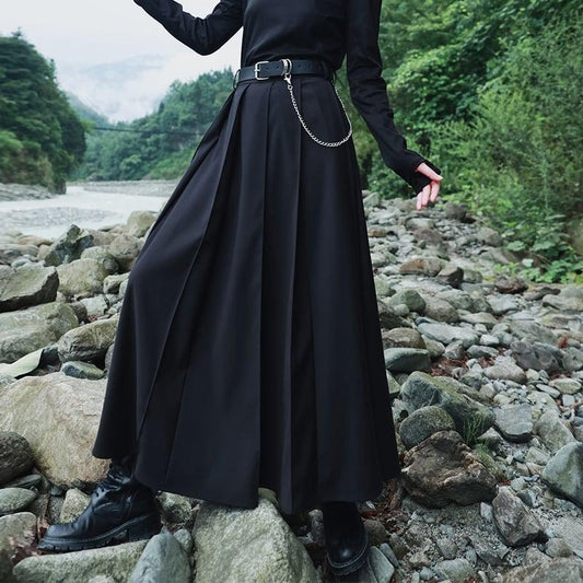 【大青龍肆シリーズ】ロング丈スカート ベルト付き プリーツスカート エレガント 着痩せ ブラック - ChinChic