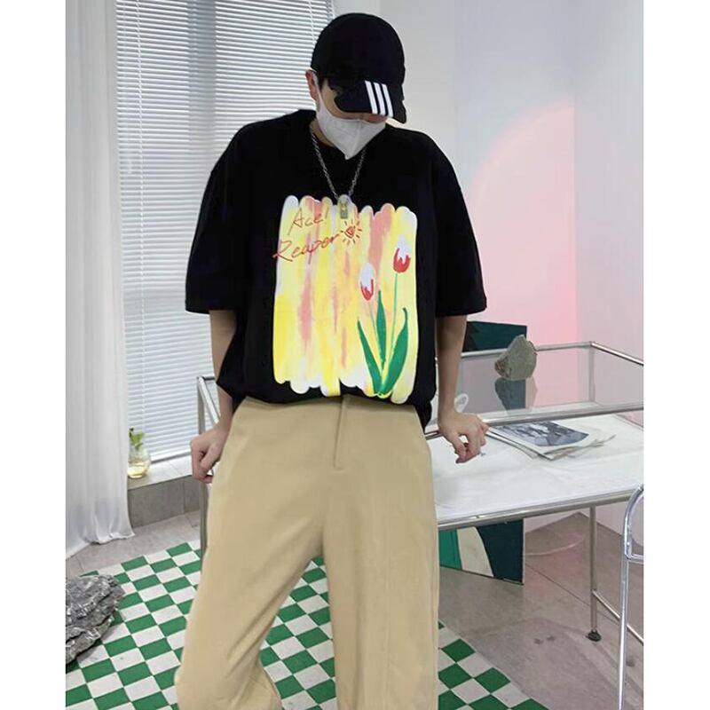 【PVシリーズ】★Tシャツ★ 3COLOR トップス 油絵風 彩 夏服 半袖Tシャツ ホワイト ブラック パープル - ChinChic