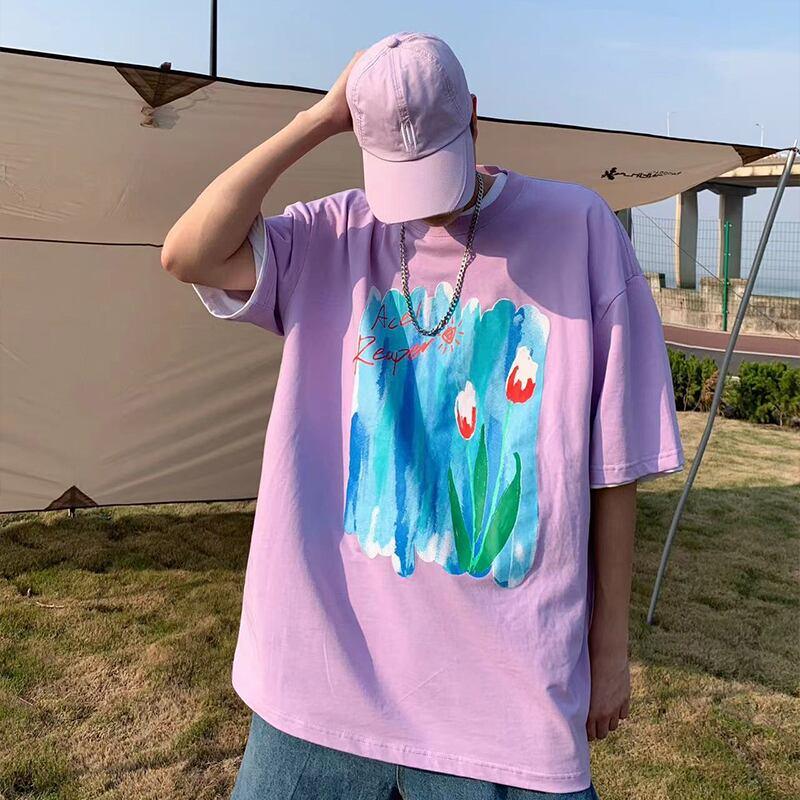 【PVシリーズ】★Tシャツ★ 3COLOR トップス 油絵風 彩 夏服 半袖Tシャツ ホワイト ブラック パープル - ChinChic