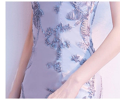【爱裳花嫁シリーズ】★チャイナドレス★ ワンピース 刺繍入り マーメイドライン 綺麗め S M L 着痩せ シルバーグレー - ChinChic
